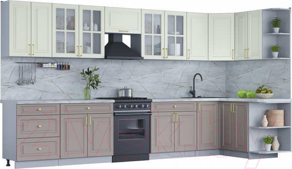 Изображение товара Кухонный гарнитур Интерлиния Мила Шато 1.5x3.8 правая (белый/луна/серый каспий)