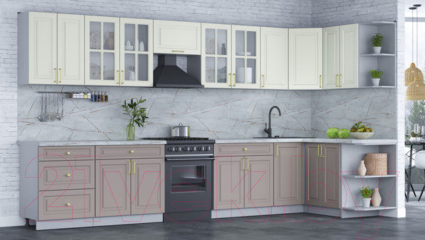 Изображение товара Кухонный гарнитур Интерлиния Мила Шато 1.5x3.8 правая (белый/луна/серый каспий)