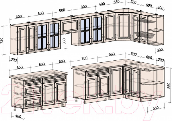 Изображение товара Кухонный гарнитур Интерлиния Мила Шато 1.5x3.8 правая (белый/луна/серый каспий)