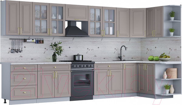 Изображение товара Кухонный гарнитур Интерлиния Мила Шато 1.5x3.8 правая (луна/луна/бискайская сосна)