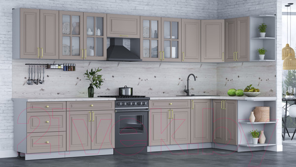 Изображение товара Кухонный гарнитур Интерлиния Мила Шато 1.5x3.8 правая (луна/луна/бискайская сосна)