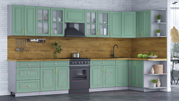 Изображение товара Кухонный гарнитур Интерлиния Мила Шато 1.5x3.8 правая (мята/мята/дуб бунратти)