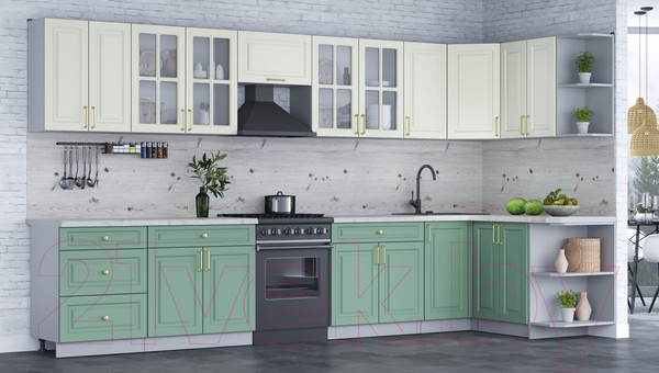 Изображение товара Кухонный гарнитур Интерлиния Мила Шато 1.5x3.8 правая (белый/мята/бискайская сосна)