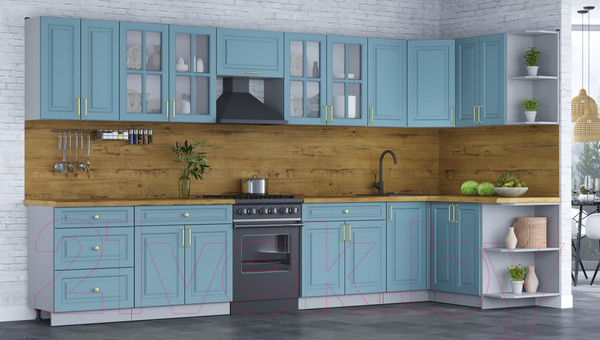 Изображение товара Кухонный гарнитур Интерлиния Мила Шато 1.5x3.8 правая (океан/океан/дуб бунратти)