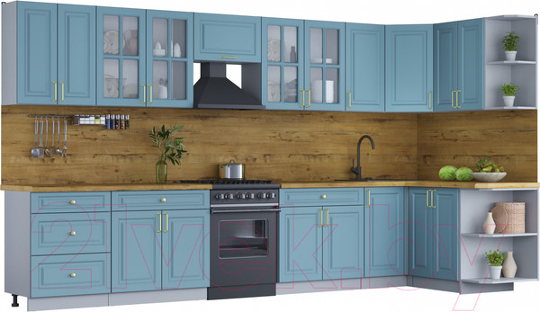 Изображение товара Кухонный гарнитур Интерлиния Мила Шато 1.5x3.8 правая (океан/океан/дуб бунратти)