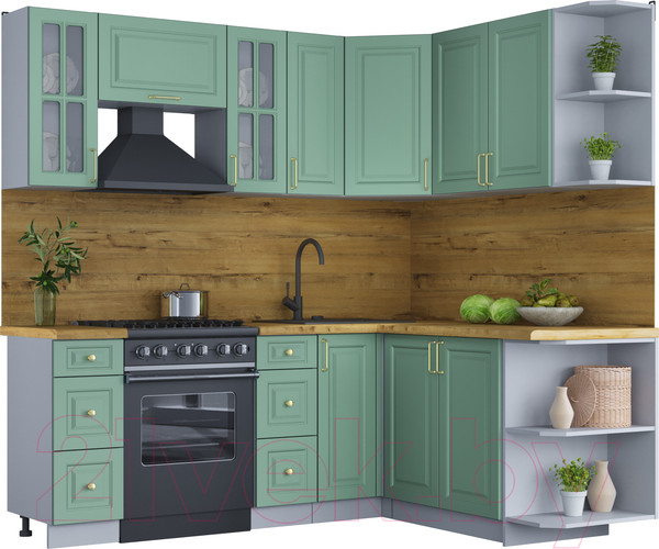 Изображение товара Кухонный гарнитур Интерлиния Мила Шато 1.7x2.1 правая (мята/мята/дуб бунратти)