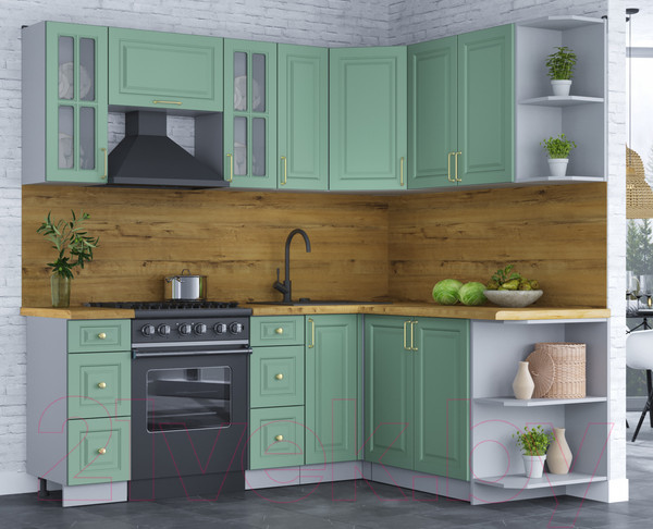 Изображение товара Кухонный гарнитур Интерлиния Мила Шато 1.7x2.1 правая (мята/мята/дуб бунратти)