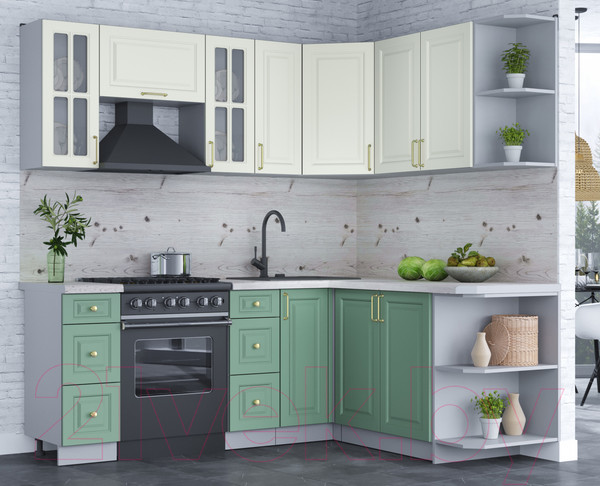Изображение товара Кухонный гарнитур Интерлиния Мила Шато 1.7x2.1 правая (белый/мята/бискайская сосна)