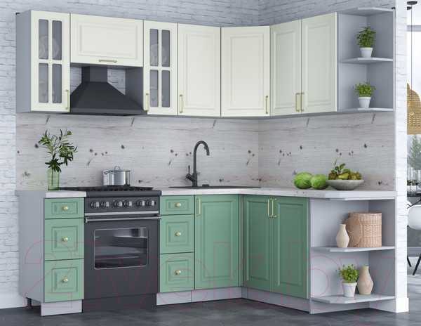 Изображение товара Кухонный гарнитур Интерлиния Мила Шато 1.7x2.2 правая (белый/мята/бискайская сосна)