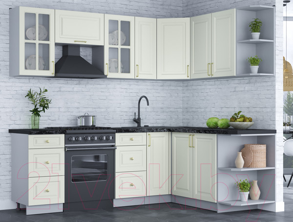 Изображение товара Кухонный гарнитур Интерлиния Мила Шато 1.7x2.3 правая (белый/белый/кастилло темный)