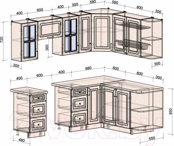 Изображение товара Кухонный гарнитур Interline Мила Шато 1.7x2.3 правая (белый/луна/серый каспий)