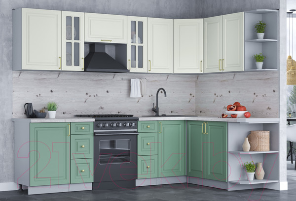 Изображение товара Кухонный гарнитур Интерлиния Мила Шато 1.7x2.7 правая (белый/мята/бискайская сосна)