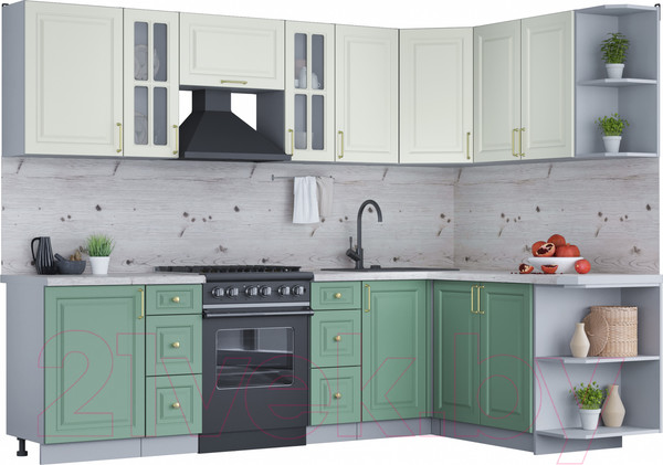 Изображение товара Кухонный гарнитур Интерлиния Мила Шато 1.7x2.7 правая (белый/мята/бискайская сосна)