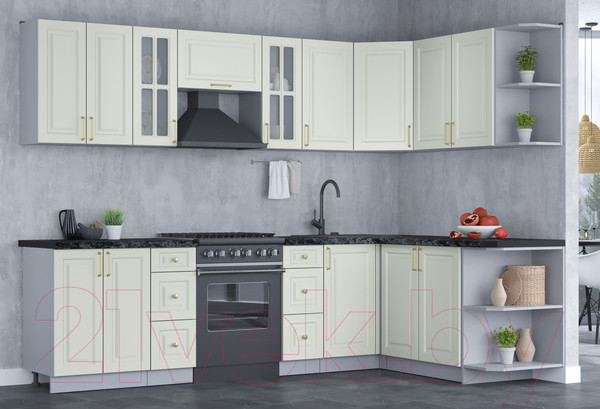 Изображение товара Кухонный гарнитур Интерлиния Мила Шато 1.7x2.8 правая (белый/белый/кастилло темный)