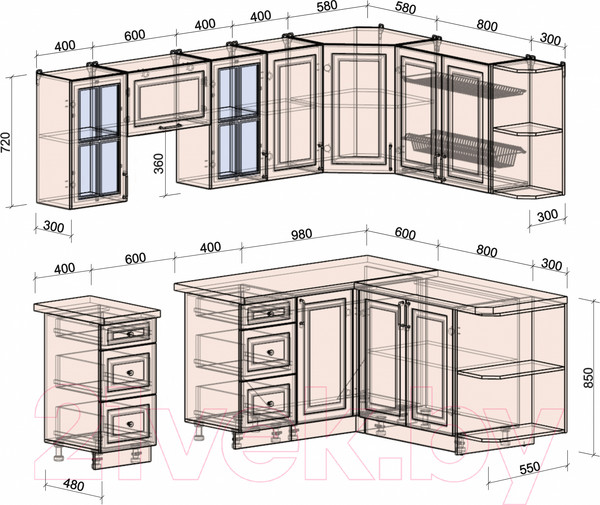 Изображение товара Кухонный гарнитур Интерлиния Мила Шато 1.7x2.4 правая (мята/мята/дуб бунратти)