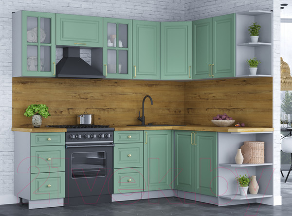 Изображение товара Кухонный гарнитур Интерлиния Мила Шато 1.7x2.4 правая (мята/мята/дуб бунратти)