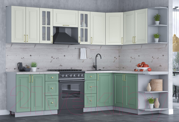 Изображение товара Кухонный гарнитур Интерлиния Мила Шато 1.7x2.8 правая (белый/мята/бискайская сосна)