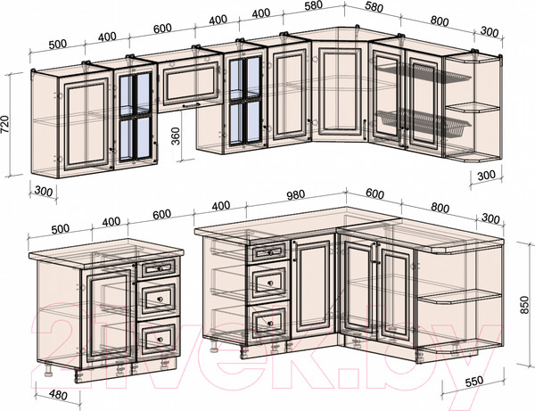 Изображение товара Кухонный гарнитур Интерлиния Мила Шато 1.7x2.9 правая (белый/белый/кастилло темный)