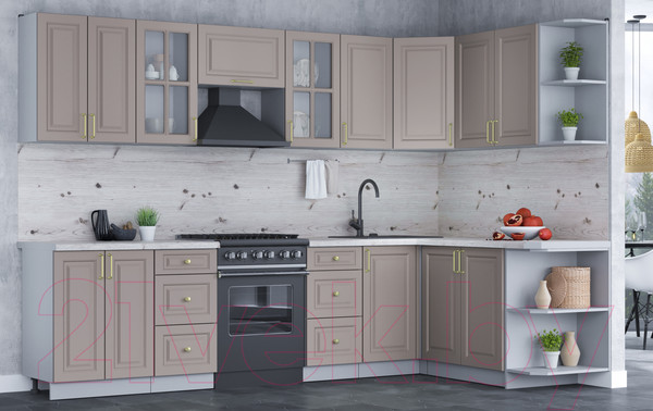 Изображение товара Кухонный гарнитур Интерлиния Мила Шато 1.7x3.0 правая (луна/луна/бискайская сосна)