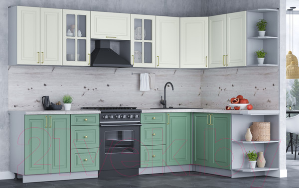 Изображение товара Кухонный гарнитур Интерлиния Мила Шато 1.7x3.0 правая (белый/мята/бискайская сосна)