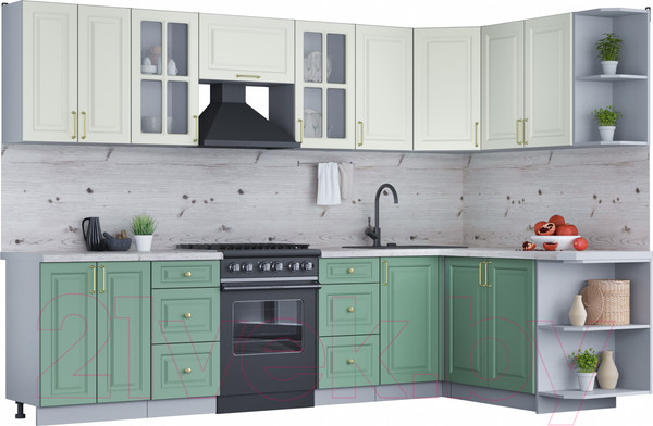 Изображение товара Кухонный гарнитур Интерлиния Мила Шато 1.7x3.0 правая (белый/мята/бискайская сосна)