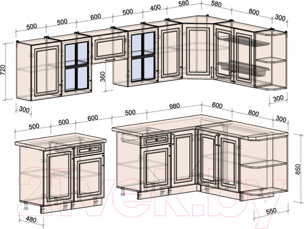 Изображение товара Кухонный гарнитур Интерлиния Мила Шато 1.7x3.1 правая (белый/луна/серый каспий)