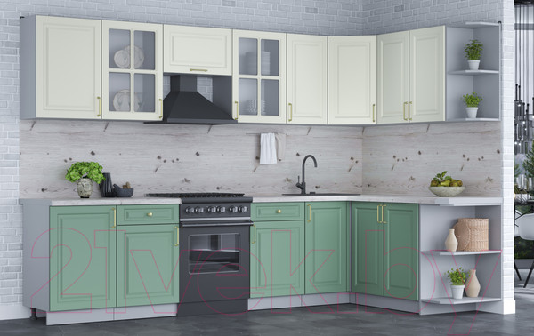 Изображение товара Кухонный гарнитур Интерлиния Мила Шато 1.7x3.1 правая (белый/мята/бискайская сосна)