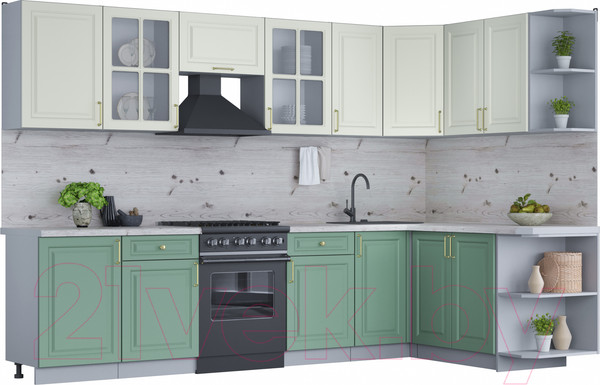 Изображение товара Кухонный гарнитур Интерлиния Мила Шато 1.7x3.1 правая (белый/мята/бискайская сосна)
