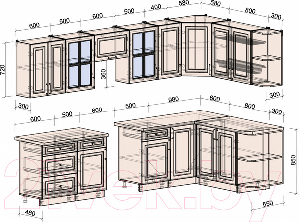 Изображение товара Кухонный гарнитур Интерлиния Мила Шато 1.7x3.2 правая (луна/луна/бискайская сосна)