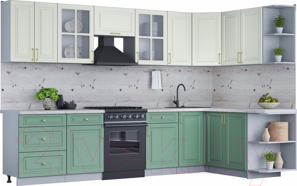 Изображение товара Кухонный гарнитур Интерлиния Мила Шато 1.7x3.2 правая (белый/мята/бискайская сосна)