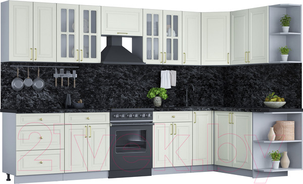 Изображение товара Кухонный гарнитур Интерлиния Мила Шато 1.7x3.3 правая (белый/белый/кастилло темный)