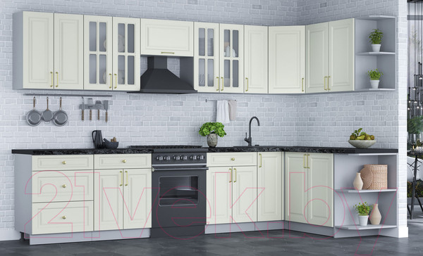 Изображение товара Кухонный гарнитур Интерлиния Мила Шато 1.7x3.3 правая (белый/белый/кастилло темный)