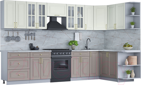 Изображение товара Кухонный гарнитур Интерлиния Мила Шато 1.7x3.3 правая (белый/луна/серый каспий)