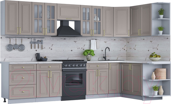 Изображение товара Кухонный гарнитур Интерлиния Мила Шато 1.7x3.3 правая (луна/луна/бискайская сосна)