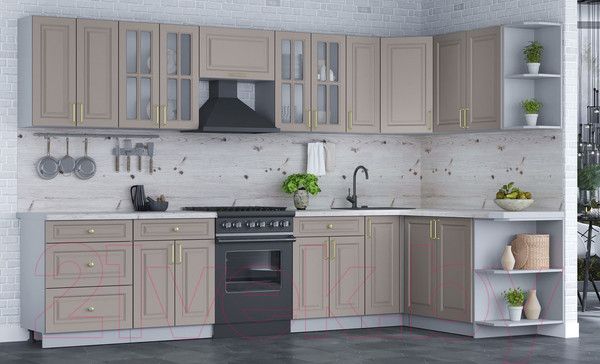 Изображение товара Кухонный гарнитур Интерлиния Мила Шато 1.7x3.3 правая (луна/луна/бискайская сосна)