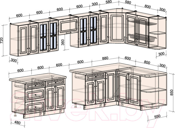 Изображение товара Кухонный гарнитур Интерлиния Мила Шато 1.7x3.3 правая (мята/мята/дуб бунратти)