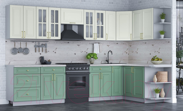 Изображение товара Кухонный гарнитур Интерлиния Мила Шато 1.7x3.3 правая (белый/мята/бискайская сосна)