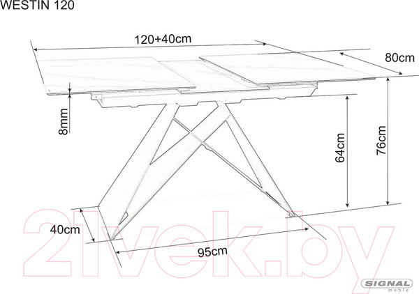 Изображение товара Обеденный стол Signal Westin SC раздвижной 120x160/80/76 (белый мрамор/черный матовый)