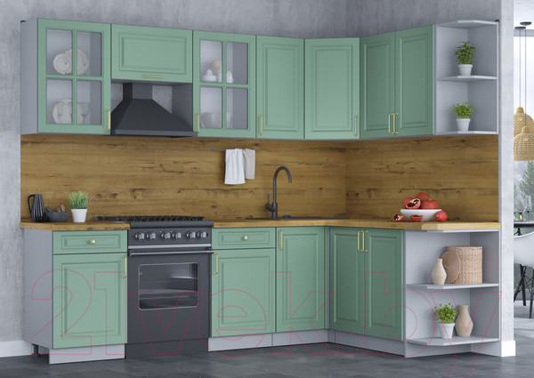 Изображение товара Кухонный гарнитур Интерлиния Мила Шато 1.7x2.6 правая (мята/мята/дуб бунратти)