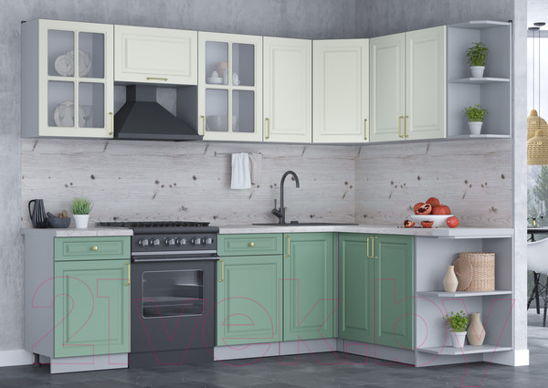 Изображение товара Кухонный гарнитур Интерлиния Мила Шато 1.7x2.6 правая (белый/мята/бискайская сосна)
