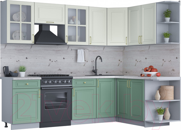 Изображение товара Кухонный гарнитур Интерлиния Мила Шато 1.7x2.6 правая (белый/мята/бискайская сосна)
