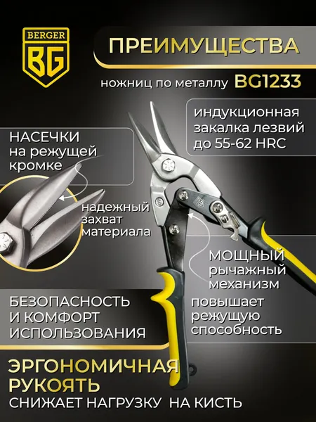 Изображение товара Ножницы по металлу BERGER Рычажные 250мм / BG1233 (прямой рез)