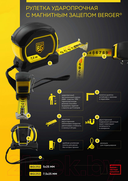 Изображение товара Рулетка BERGER Ударопрочная 0.025x5м / BG1352 (магнит, нейлон, шкала двусторонняя)