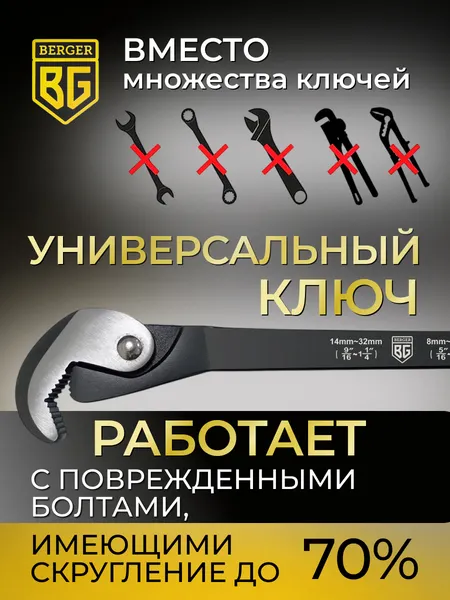 Изображение товара Гаечный ключ BERGER Многофункц. быстрозаж. для крепежа размером 8-32мм / BG-0832QW