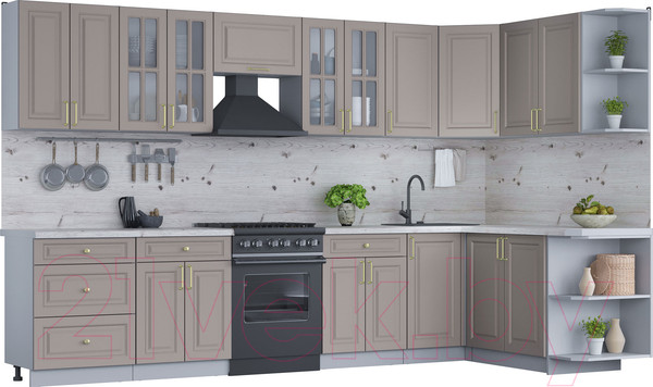 Изображение товара Кухонный гарнитур Интерлиния Мила Шато 1.7x3.4 правая (луна/луна/бискайская сосна)