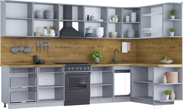 Изображение товара Кухонный гарнитур Интерлиния Мила Шато 1.7x3.4 правая (луна/луна/бискайская сосна)