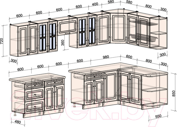 Изображение товара Кухонный гарнитур Интерлиния Мила Шато 1.7x3.4 правая (мята/мята/дуб бунратти)