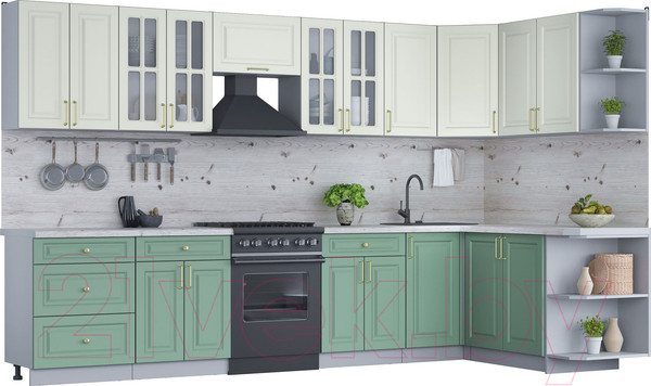 Изображение товара Кухонный гарнитур Интерлиния Мила Шато 1.7x3.4 правая (белый/мята/бискайская сосна)