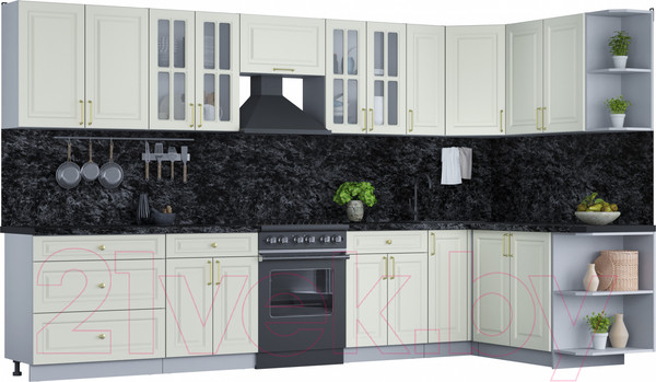 Изображение товара Кухонный гарнитур Интерлиния Мила Шато 1.7x3.5 правая (белый/белый/кастилло темный)