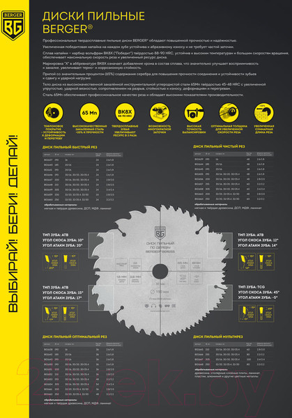 Изображение товара Пильный диск BERGER 190x16x48z 2.6/1.8мм,ATB 12° атака 14° / BG1639